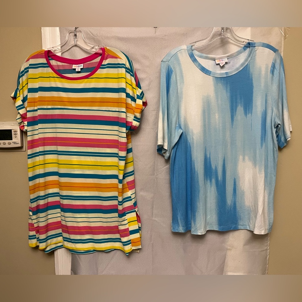 Lularoo 2 Colorful Woman’s Shirts. Blue New, stripe is Preloved. Size M  stretch